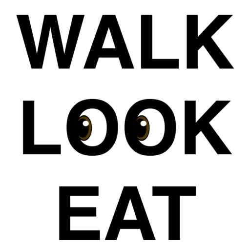 "Walk Look Eat" in bold black font. There is a pair of brown eyes looking to the left in the O's of "Look."